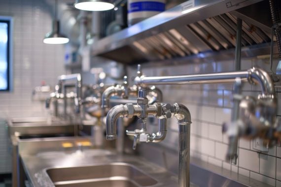 Stainless steel plumbing system installation in a commercial kitchen featuring multiple sinks, pipes, and modern fixtures. the setup showcases functional design and industrial-grade materials, construction and maintenance aspects.